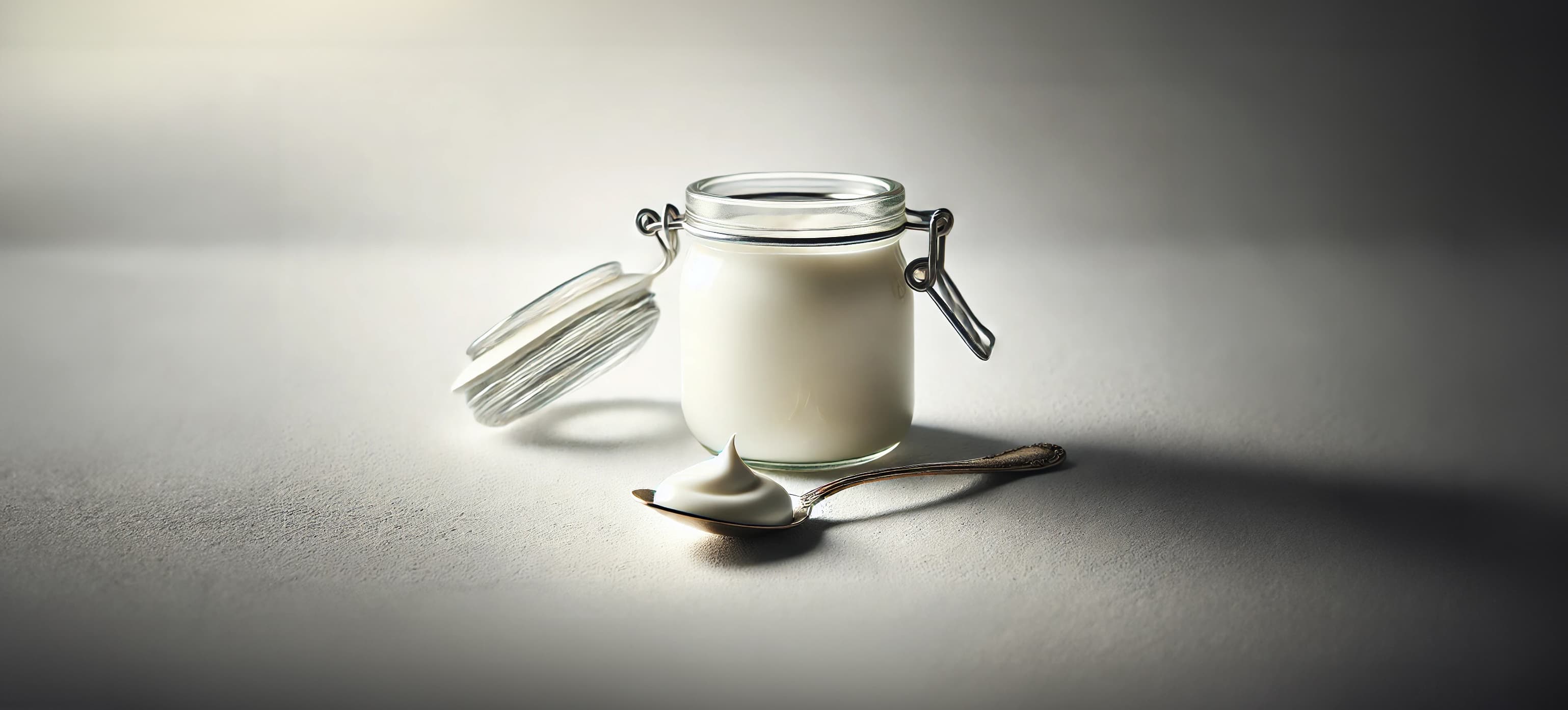 An open glass jar of natural yogurt with a spoon containing a small dollop of yogurt placed beside